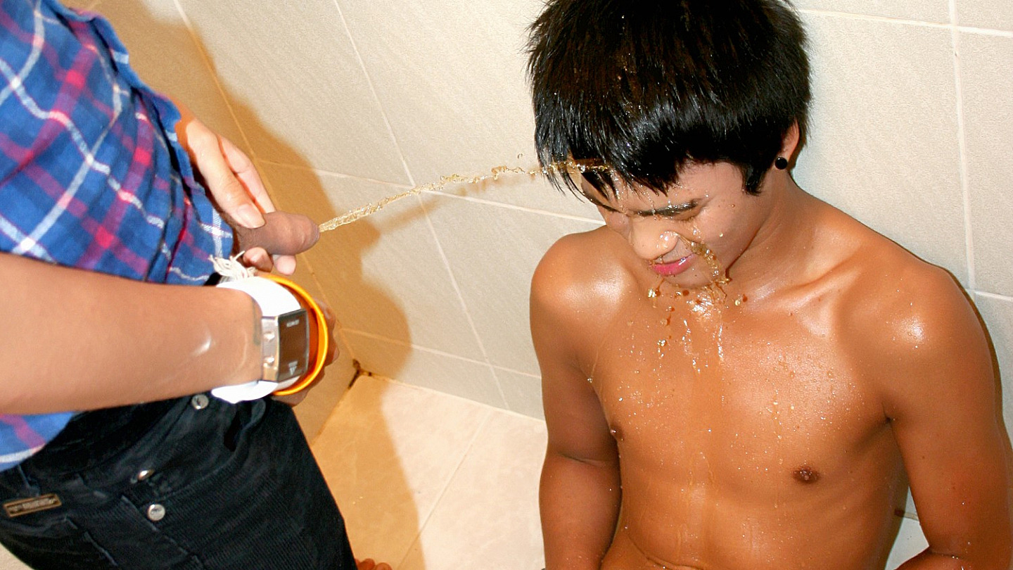 Naked teenage boy peeing